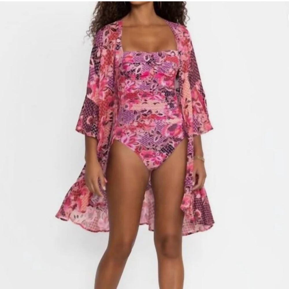 Johnny Was Valennis Ruffle Floral Swim Cover-up Kimono Resortwear Size XXS/XS